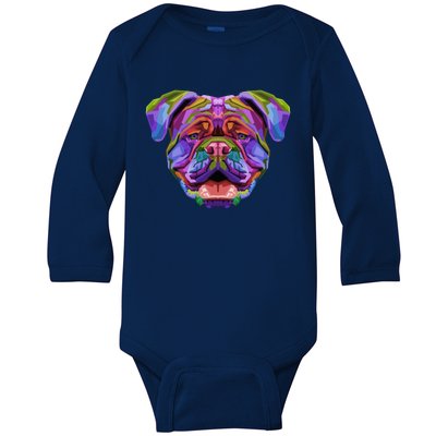 English British Bulldog Pop Art Portrait For Dog Owners Gift Baby Long Sleeve Bodysuit