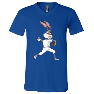 Easter Bunny Baseball Rabbit Pitcher Cute Gift V-Neck T-Shirt