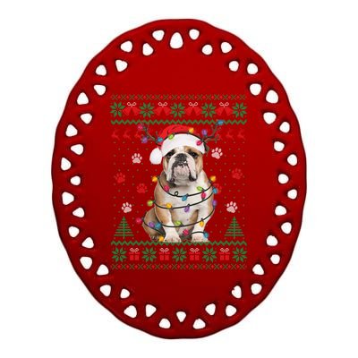 English Bulldog Christmas Lights Santa Dog Lover Ugly Sweate Gift Ceramic Oval Ornament