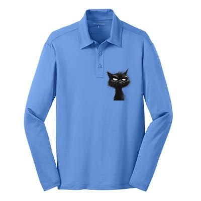 Eagerlys Black Cat Art Grumpy Angry Silk Touch Performance Long Sleeve Polo