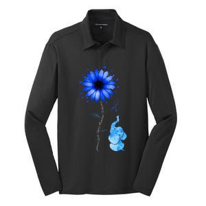 Elephant Butterfly Child Abuse Awareness Blue Ribbon Silk Touch Performance Long Sleeve Polo