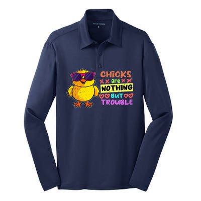 Easter Boy Chicks Are Nothing But Trouble Funny Egg Hunting Silk Touch Performance Long Sleeve Polo