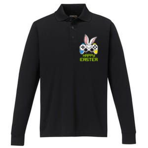 Happy Easter Day Video Game Controller Bunny Gamer Boys Performance Long Sleeve Polo