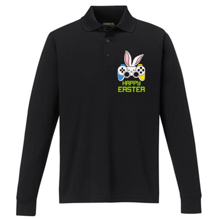 Happy Easter Day Video Game Controller Bunny Gamer Boys Performance Long Sleeve Polo