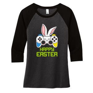 Happy Easter Day Video Game Controller Bunny Gamer Boys Women's Tri-Blend 3/4-Sleeve Raglan Shirt