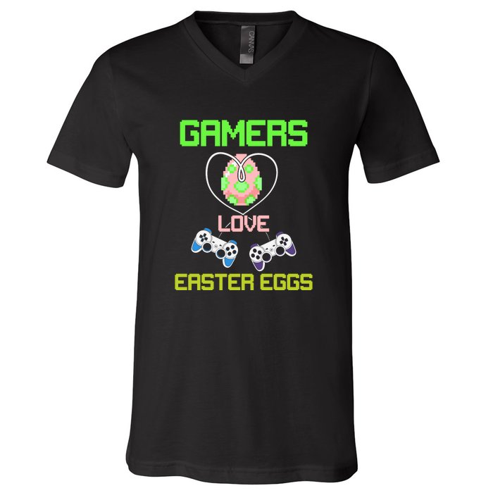 Gamers Love Easter Eggs Easter Day Video Game Controller V-Neck T-Shirt