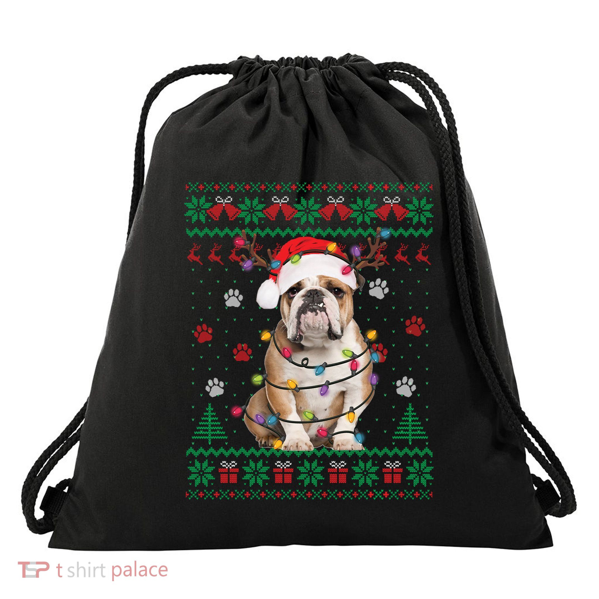 English Bulldog Christmas Lights Santa Dog Lover Ugly Sweate Meaningful Gift Drawstring Bag