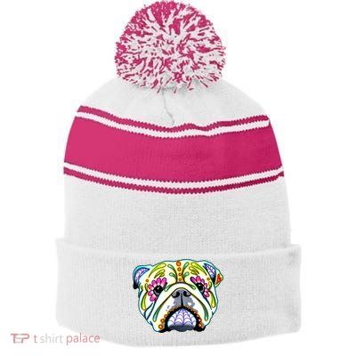 English Bulldog Cute Gift Day Of The Dead Sugar Skull Dog Gift Stripe Pom Pom Beanie