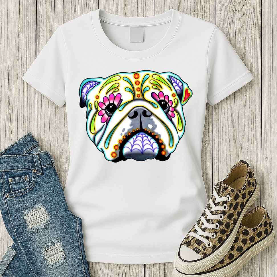 English Bulldog Cute Gift Day Of The Dead Sugar Skull Dog Gift Womens T-Shirt