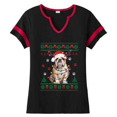 English Bulldog Christmas Lights Santa Dog Lover Ugly Sweater Ladies Halftime Notch Neck Tee