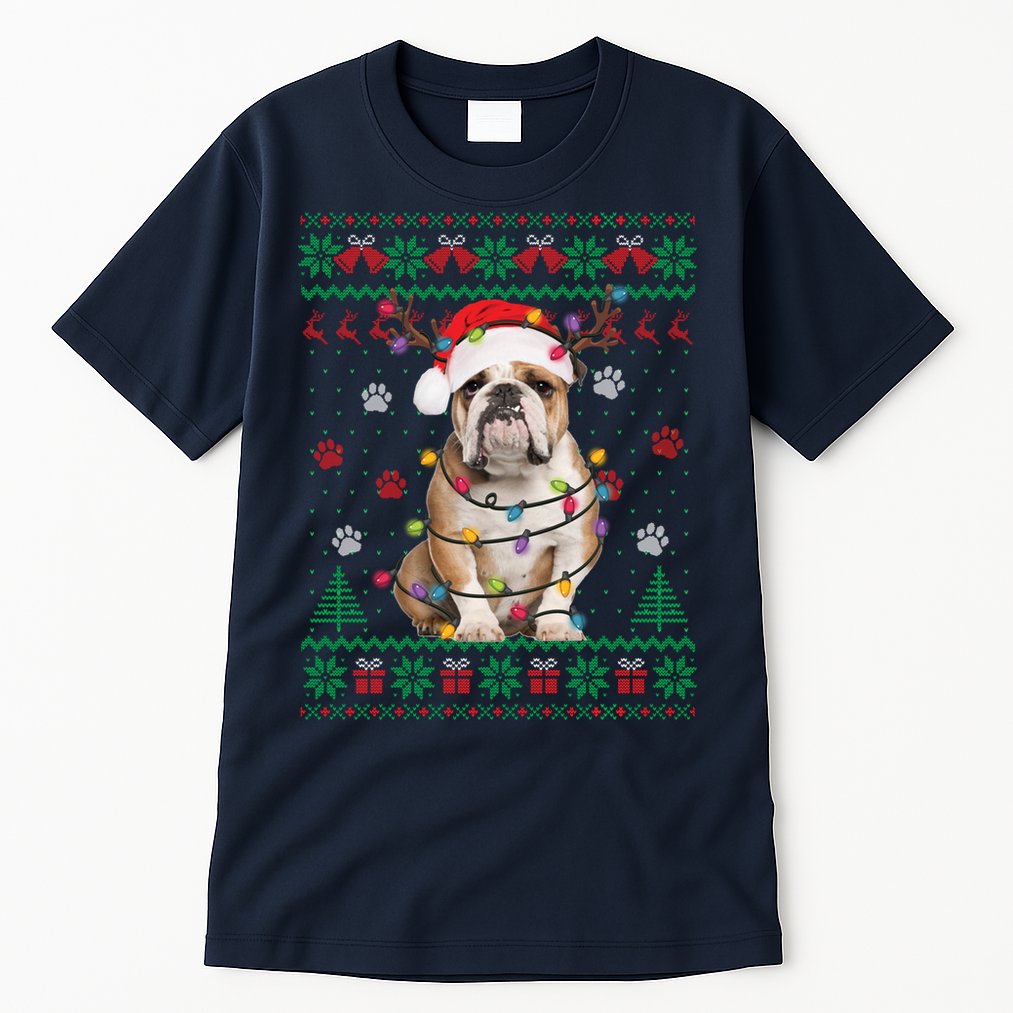 English Bulldog Christmas Lights Santa Dog Lover Ugly Sweater Tall T-Shirt