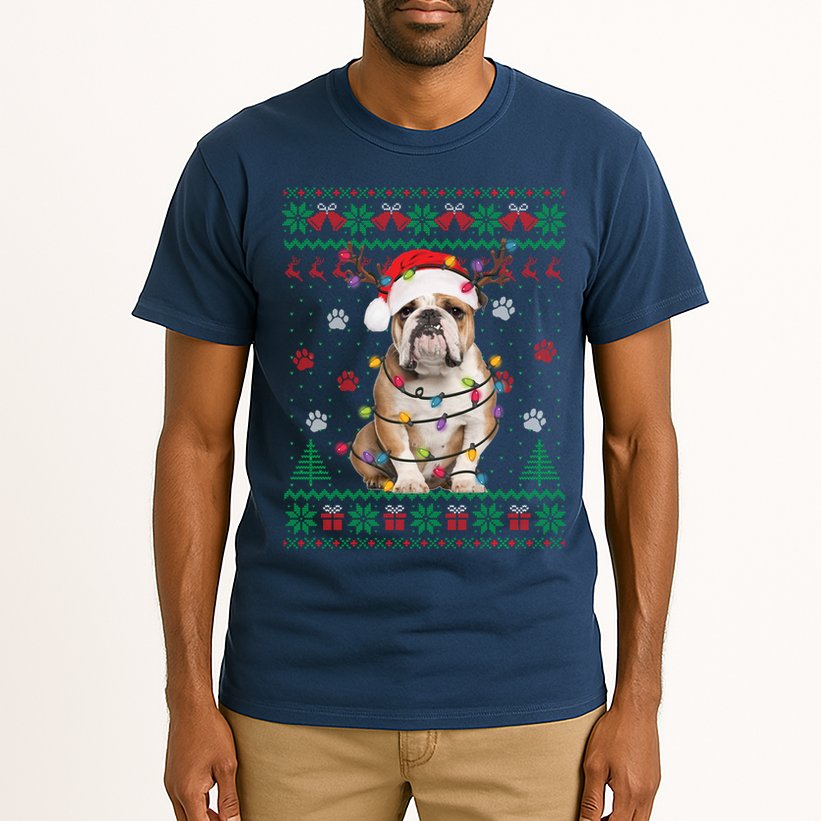 English Bulldog Christmas Lights Santa Dog Lover Ugly Sweater Tall T-Shirt