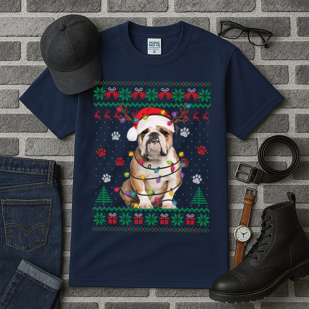 English Bulldog Christmas Lights Santa Dog Lover Ugly Sweater Tall T-Shirt