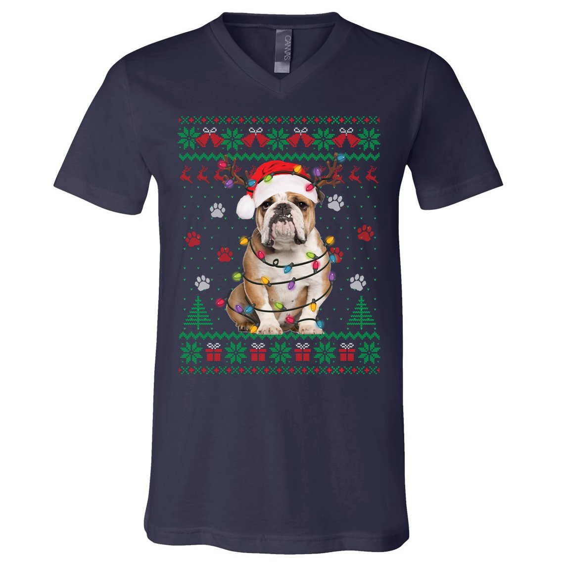 English Bulldog Christmas Lights Santa Dog Lover Ugly Sweater V-Neck T-Shirt