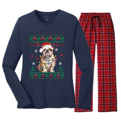 English Bulldog Christmas Lights Santa Dog Lover Ugly Sweater Women's Long Sleeve Flannel Pajama Set 