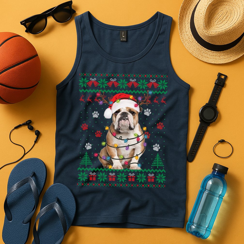 English Bulldog Christmas Lights Santa Dog Lover Ugly Sweater Tank Top
