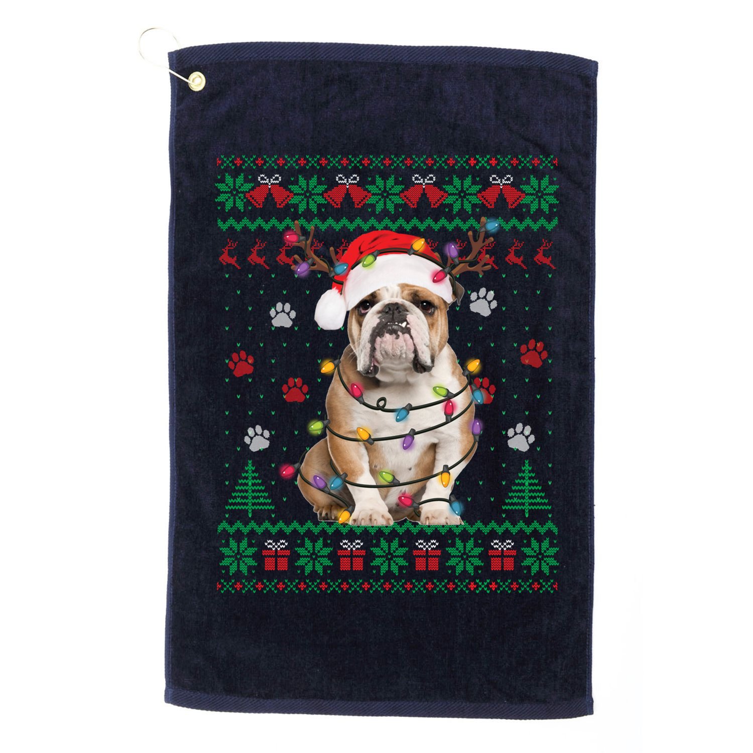 English Bulldog Christmas Lights Santa Dog Lover Ugly Sweater Golf Towel