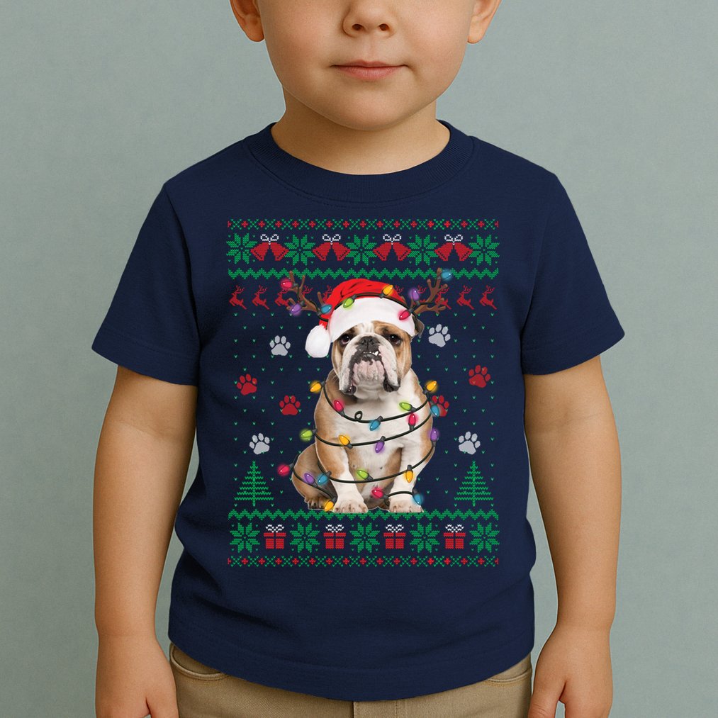 English Bulldog Christmas Lights Santa Dog Lover Ugly Sweater Toddler T-Shirt