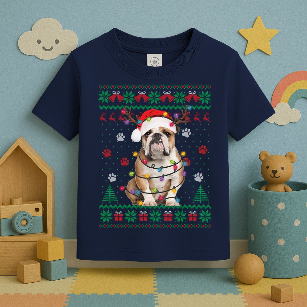 English Bulldog Christmas Lights Santa Dog Lover Ugly Sweater Toddler T-Shirt