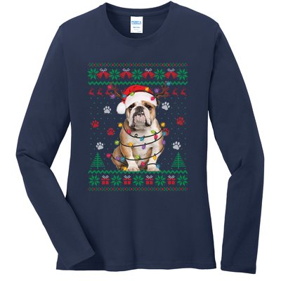 English Bulldog Christmas Lights Santa Dog Lover Ugly Sweater Ladies Long Sleeve Shirt