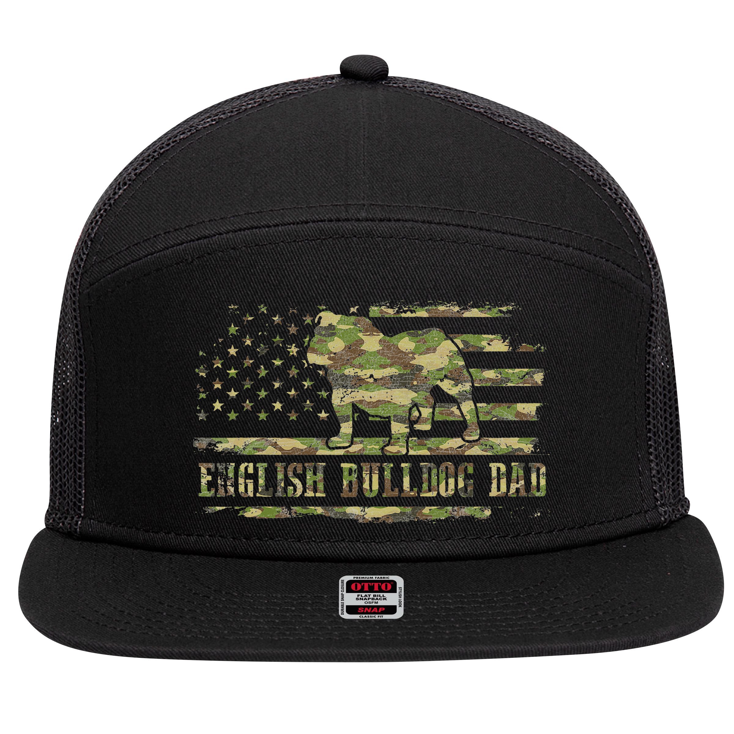English BullDog Dad Camouflage American Flag Patriotic Dog 7 Panel Mesh Trucker Snapback Hat