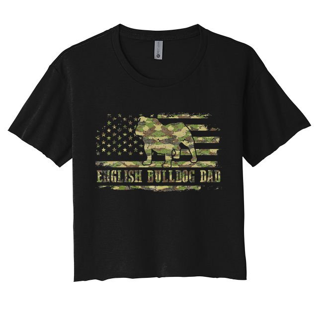 English BullDog Dad Camouflage American Flag Patriotic Dog Crop Top