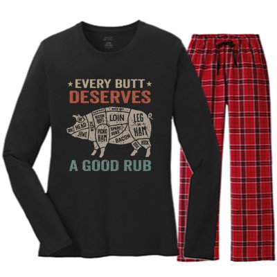 Every Butt Deserves A Good Rub Pork Smoking Party Bbq Funny Women's Long Sleeve Flannel Pajama Set 