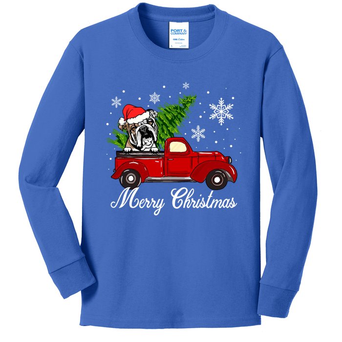 English Bulldog Dog Riding Red Truck Christmas Decorations Cool Gift Kids Long Sleeve Shirt