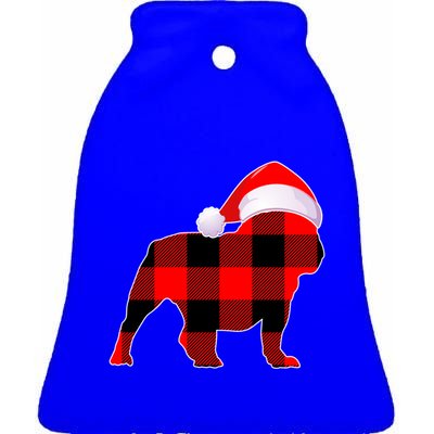 English Bulldog Dog Christmas Buffalo Plaid Xmas Santa Hat Cute Gift Ceramic Bell Ornament