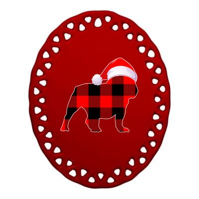 English Bulldog Dog Christmas Buffalo Plaid Xmas Santa Hat Cute Gift Ceramic Oval Ornament