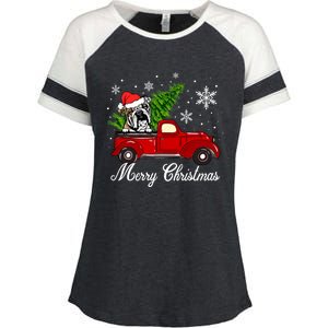 English Bulldog Dog Riding Red Truck Christmas Decorations Cool Gift Enza Ladies Jersey Colorblock Tee