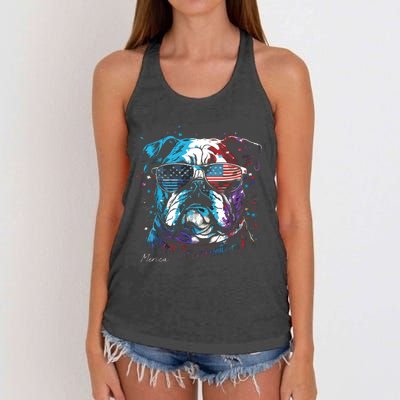 English Bulldog Dog 4th Of July American Flag USA Funny Women's Knotted Racerback Tank