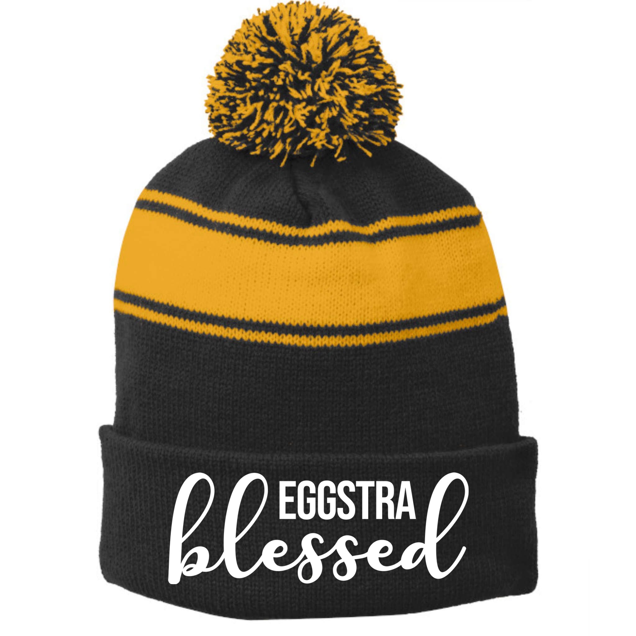 Eggstra Blessed Easter Holiday Stripe Pom Pom Beanie