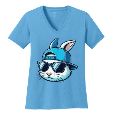 Easter Bunny Face Baseball Cap Sunglasses Rabbit Women's V-Neck T-Shirt