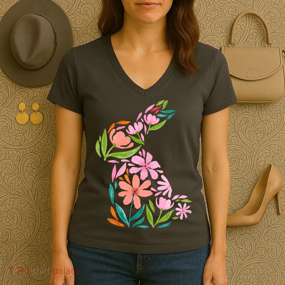 Easter Bunny Flower Holiday Women's V-Neck T-Shirt