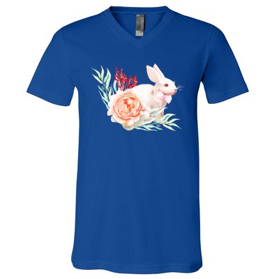 Easter Bunny Flower Spring Art V-Neck T-Shirt