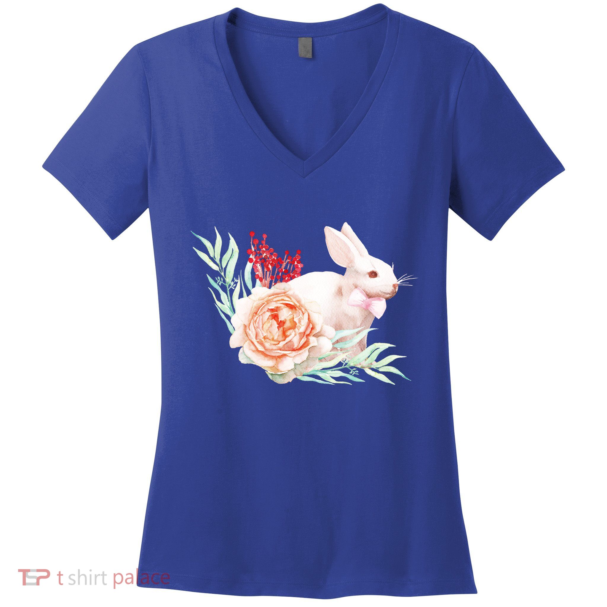 Easter Bunny Flower Spring Art Women's V-Neck T-Shirt