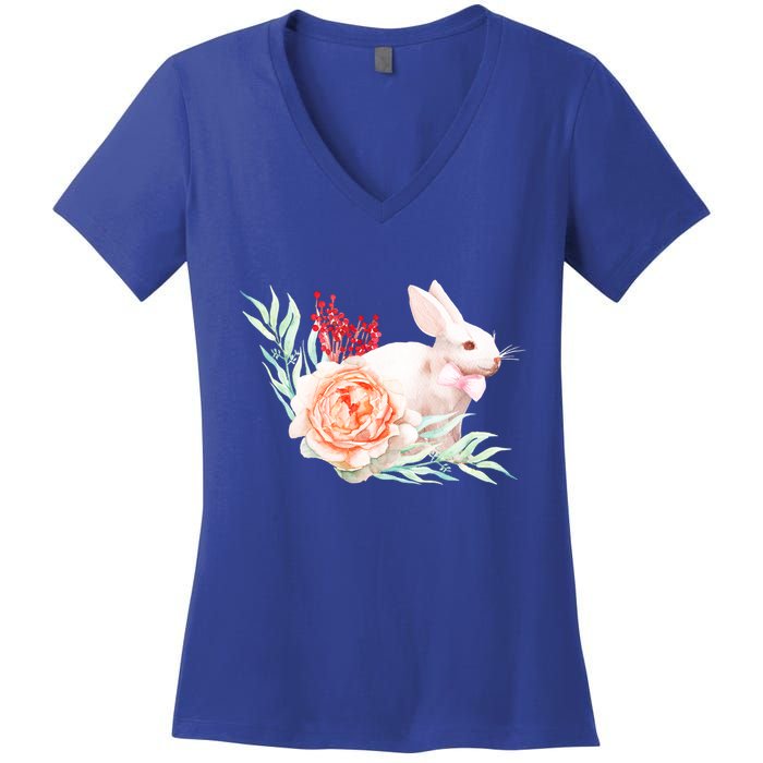 Easter Bunny Flower Spring Art Women's V-Neck T-Shirt