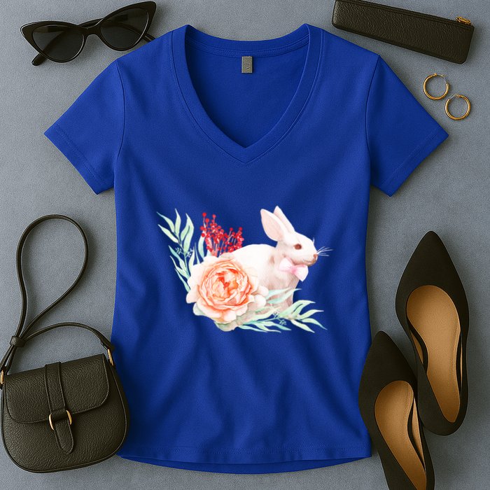 Easter Bunny Flower Spring Art Women's V-Neck T-Shirt