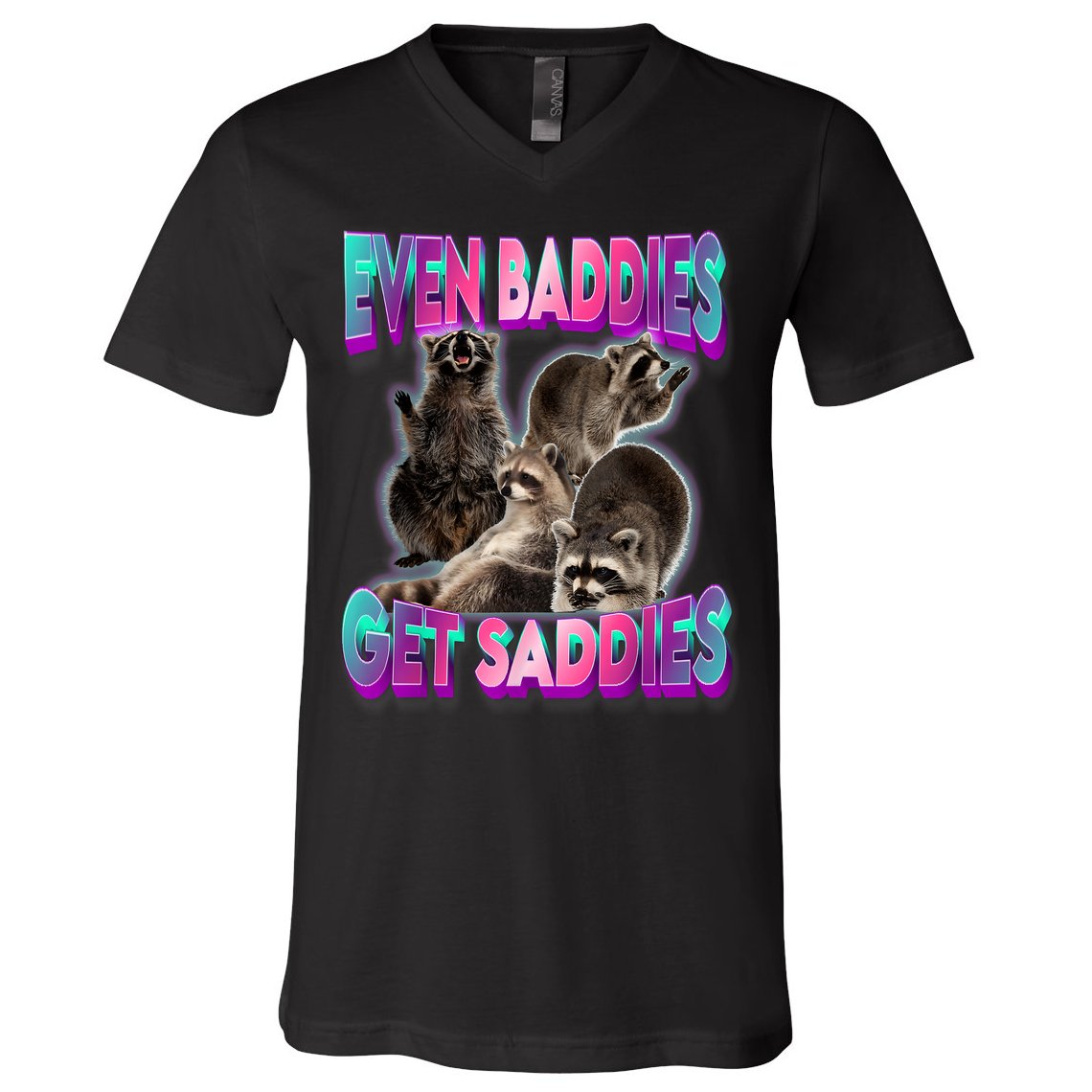Even Baddies Get Saddies Raccoon Funny Oddly Specific Meme V-Neck T-Shirt