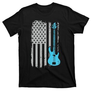 Electric Bass Guitar Player American Flag Musician T-Shirt