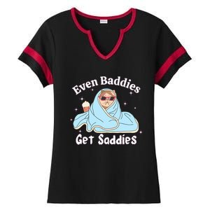 Even Baddies Get Saddies Funny Cat Sarcastic Meme Ladies Halftime Notch Neck Tee