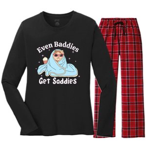 Even Baddies Get Saddies Funny Cat Sarcastic Meme Women's Long Sleeve Flannel Pajama Set 