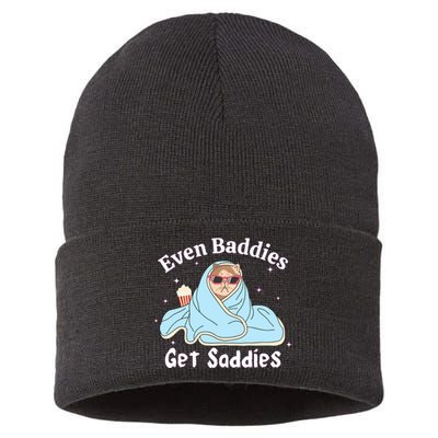 Even Baddies Get Saddies Funny Cat Sarcastic Meme Sustainable Knit Beanie