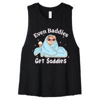 Even Baddies Get Saddies Funny Cat Sarcastic Meme Women's Racerback Cropped Tank