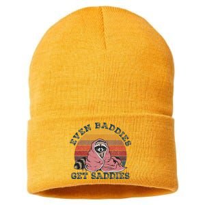 Even Baddies Get Saddies Anxiety Raccoon Face Raccoon Meme Sustainable Knit Beanie