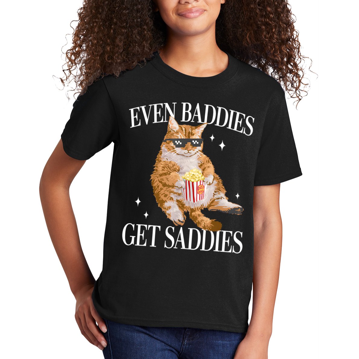 Even Baddies Get Saddies Funny Cat Meme Kids T-Shirt