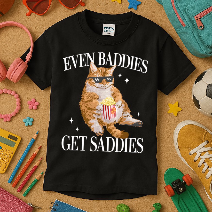 Even Baddies Get Saddies Funny Cat Meme Kids T-Shirt