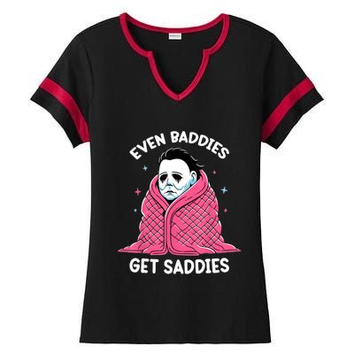 Even Baddies Get Saddies Raccoon Funny Oddly Specific Meme Ladies Halftime Notch Neck Tee