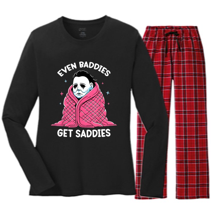 Even Baddies Get Saddies Raccoon Funny Oddly Specific Meme Women's Long Sleeve Flannel Pajama Set 